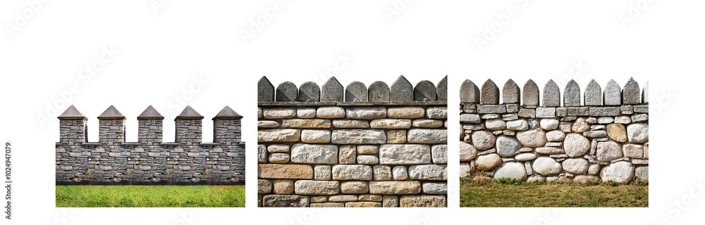 Aufkleber Stone wall with a variety of textures and shapes, showing three different sections, each with distinct features.