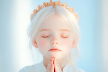 young girl with crown praying with eyes closed