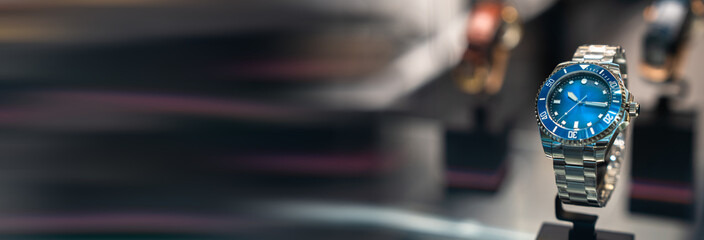 The beautiful watch in the store-salon, in the showcase