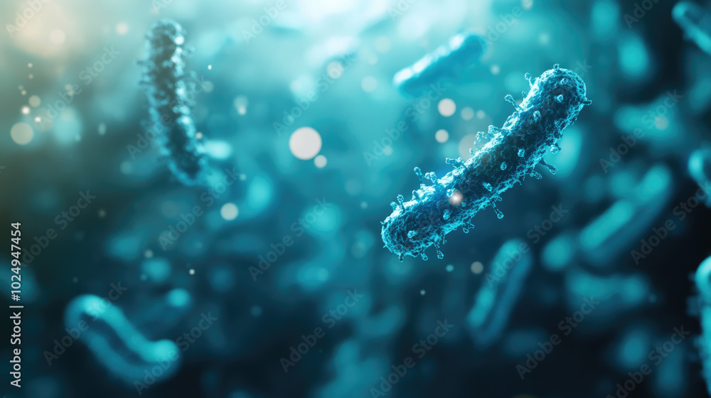 Poster bacterial universe, vivid 3d representation of bacteria in striking blue tones, showcasing intricate