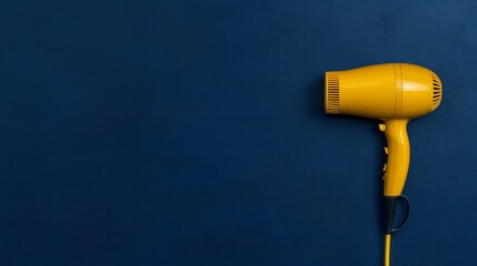 Yellow hairdryer on a dark blue background.