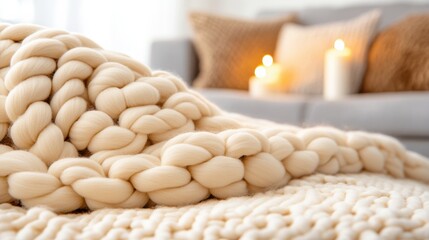 Cozy knitted blanket with soft, chunky yarn in a warm, inviting living room setting, AI