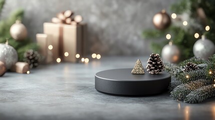 Festive scene with gift boxes, ornaments, and pinecones on a concrete slab, creating a warm and elegant holiday atmosphere.