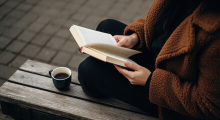 Closeup of person reading a book on a bench with coffee cup.
