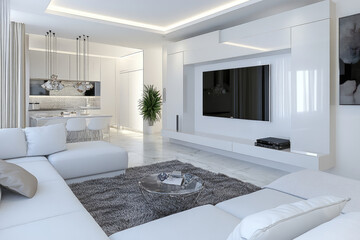 Modern living room design, sleek furniture, open layout, warm color palette, contemporary decor, inviting atmosphere, stylish ambiance