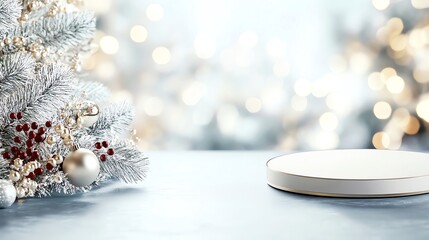 Festive winter scene with frosted pine branches, ornaments, and empty plate on table against a blurred, bokeh background perfect for holiday themes.