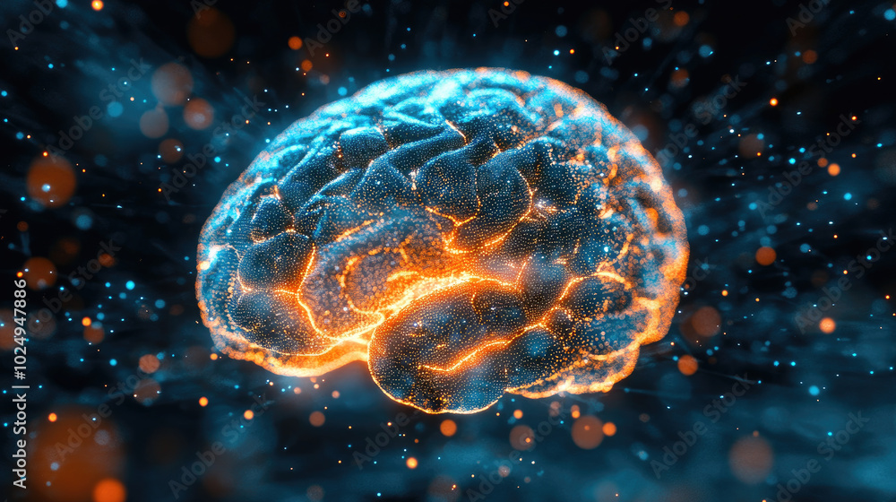 Poster vibrant neural network, a blue and orange brain surrounded by intricate lines and dots, symbolizing 