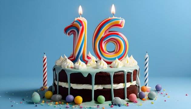 Festive sweet 16 birthday cake with colorful candles on blue background, celebratory banner