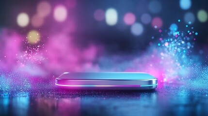 Sleek smartphone with vibrant neon lights and bokeh effect, showcasing futuristic technology in a colorful, abstract setting.