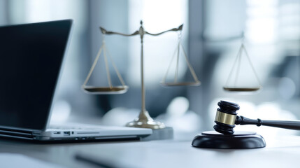 Legal Fusion, gavel and laptop on a desk, blending traditional legal practices with modern AI advancements in legal research