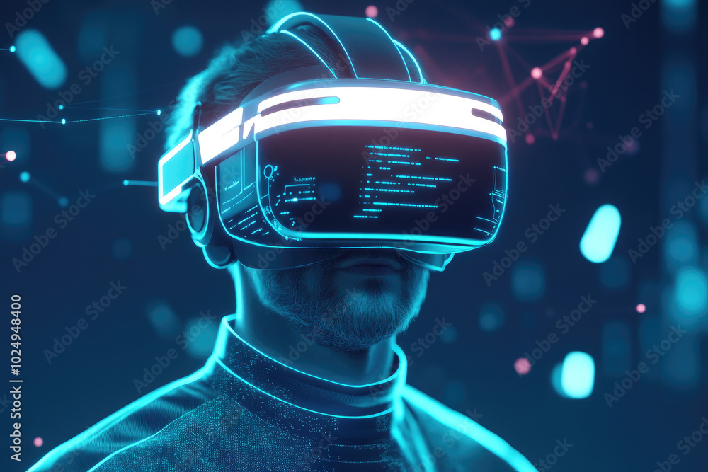 Poster virtual reality interaction, a man engages with an advanced digital interface, immersed in a high-te