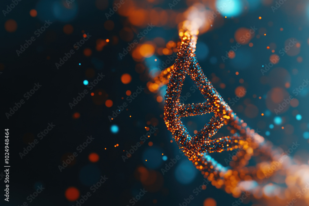 Poster dna particles illuminated against a dark backdrop, showcasing intricate molecular structures in a sc