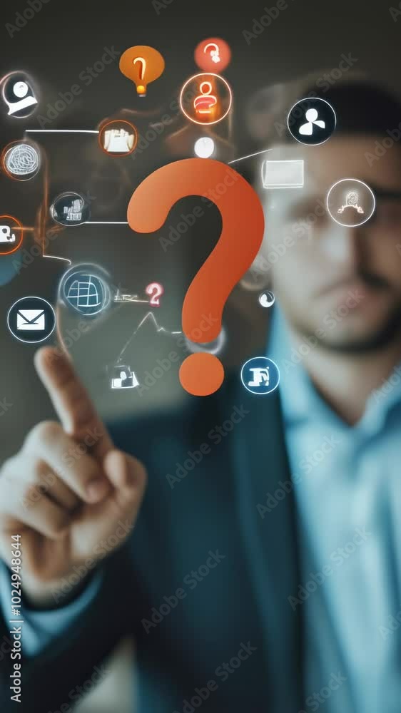 Poster Businessman is pointing at a question mark in front of him, surrounded by digital icons representing various business concepts