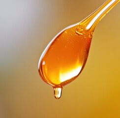 Closeup of golden honey dripping from a spoon