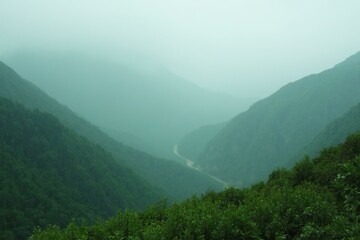 Fototapeta premium Green Mountains On A Misty Day With Winding Road And Lush Vegetation