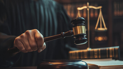 A close-up of a judge's hand holding a gavel, with legal documents and a law book in the background, symbolizing a critical case decision