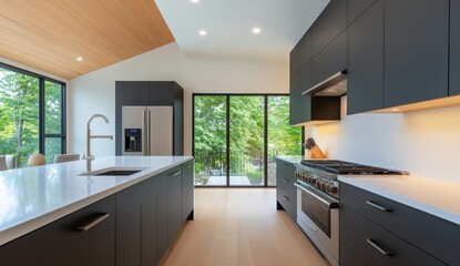 Fototapeta premium modern kitchen with sleek black cabinets and stainless steel appliances