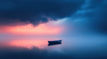 Serene boat on tranquil lake at sunset
