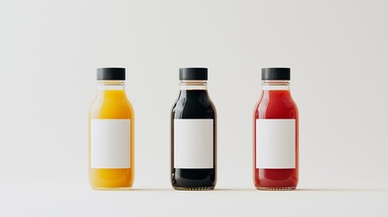 Three Glass Bottles of Juice with Black Wooden Caps and Blank White Labels in Clean Simple Composition on Light White Background Featuring Pale Yellow, Orange, and Red Juices