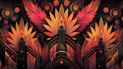 A stylish flyer design incorporating shimmering beaded patterns from 1920s dresses, paired with feathered headbands in soft pastels. 