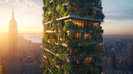 Obraz premium Urban Oasis, a contemporary skyscraper adorned with a thriving vertical garden that enhances its sleek architectural design