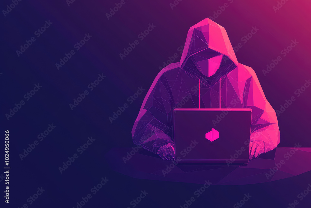 Poster abstract polygonal figure engaged with a laptop, set against a dark technological backdrop, symboliz