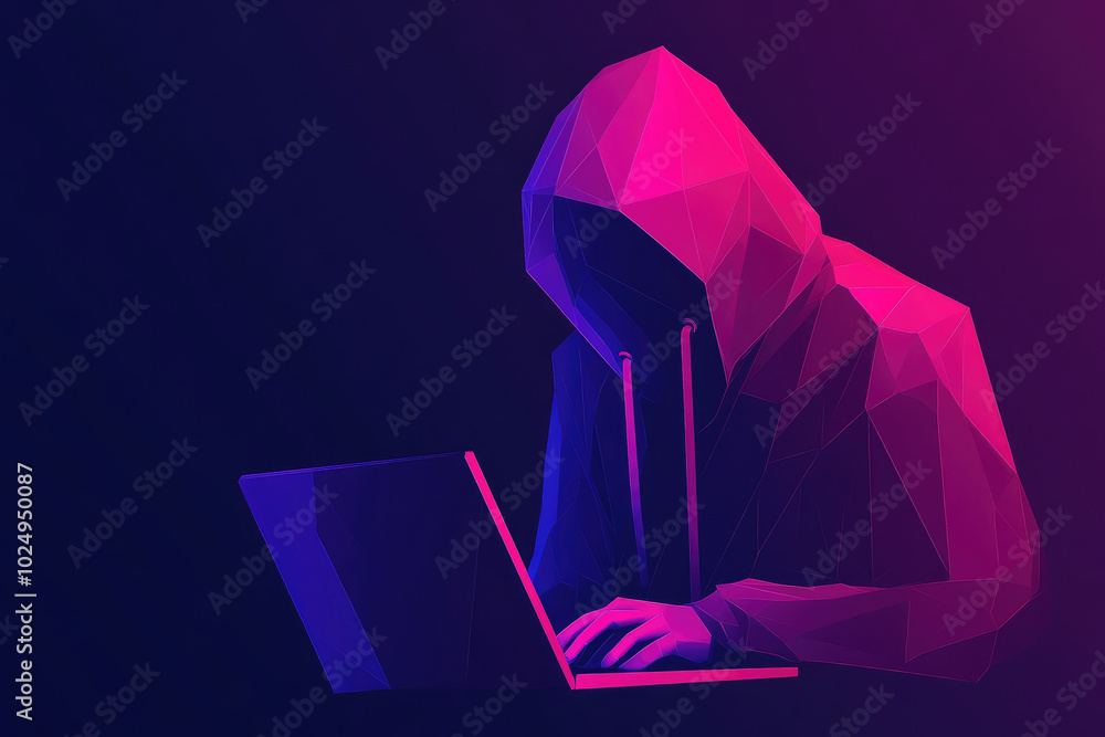 Poster abstract polygonal hacker with laptop, dark technology backdrop, themes of cyber attack and cybersec