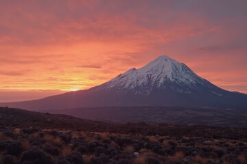 Mount Erebus At Sunset With Orange And Purple Sky Colors