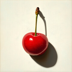 A single red cherry with a green stem and a long shadow on a white background.