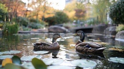 Urban Serenity, tranquil city pond with ducks gliding through lush lily pads, a serene escape amidst bustling surroundings