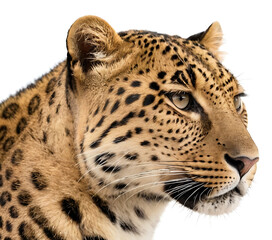 Close-up portrait of a leopard with intense eyes and a spotted coat, isolated on white. Ideal for wildlife photography, conservation efforts, or designs showcasing powerful and graceful animals.