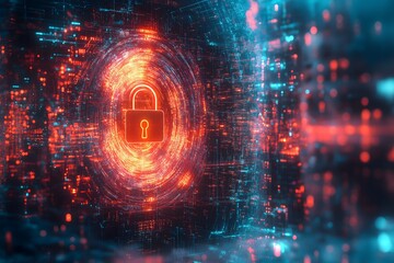 Obraz premium A visual representation of data encryption with an abstract image of data packets being wrapped in glowing, multi-layered encryption codes, protected by a digital padlock. Generative AI