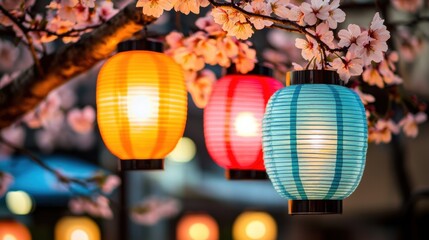Fototapeta premium Glowing Lanterns and Blooming Cherry Blossoms at Night Festival