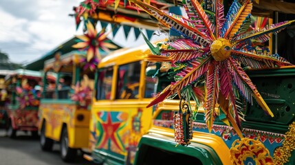 Fototapeta premium Colorful Carnival Parade with Vibrant Decorated Trucks and Buses in Festive