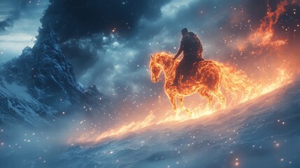 Fototapeta premium Fiery Rider in Winter, a figure astride a blazing horse gallops through a serene, snow-blanketed terrain, creating a striking contrast.