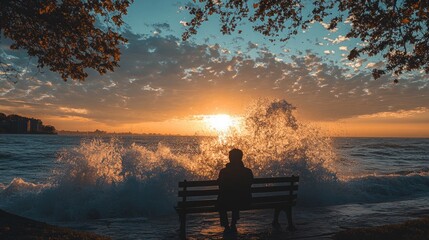 Obraz premium Solitude by the Shore, a figure seated on a bench, surrounded by crashing ocean waves, tranquil park setting, serene contemplation