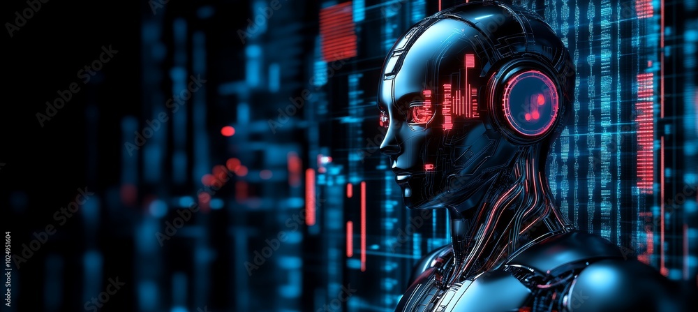 Poster ai artificial intelligence robot with glowing head and headset analyzing data on digital interface