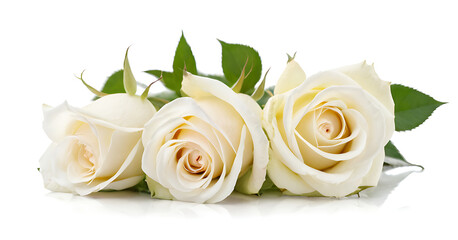 Three delicate white roses with a hint of yellow in their centers, set against a white background. Perfect for wedding invitations, romantic designs, beauty product promotions, or conveying themes of 