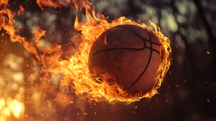 Fototapeta premium A fiery basketball in mid-air during a dramatic outdoor game at sunset