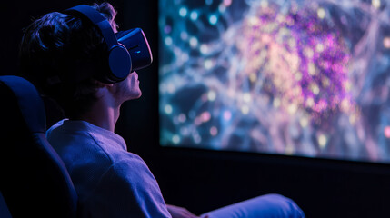 A futuristic neurofeedback therapy session, where a person uses a headset to control their emotional responses, with calm visuals reflecting their progress on a large screen
