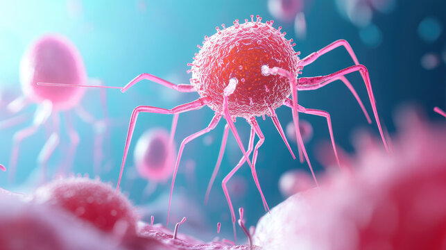 Bacteriophage Interaction, a virus attaches to a bacterial cell, injecting genetic material to initiate infection and replication.