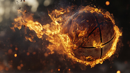 A flaming basketball in mid-air during an intense urban game at sunset