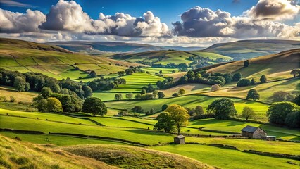 Scenic panoramic view of pasture in Yorkshire Dales, Great Britain