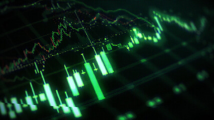 Fototapeta premium bullish market featuring glow green trading candles and up arrows, vibrant glowing green background, financial growth and market prosperity. 4K, Template, Empty, 3D illustration of a 