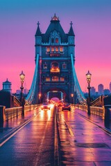 A stunning twilight view of Tower Bridge reflecting city lights and vibrant colors in London