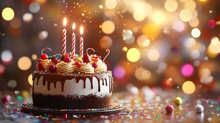 Christmas cake birthday decoration with colorful sweet and candle, topped with chocolate, happy festival confetti background. 3d modern digital art illustration holiday anniversary graduation party.