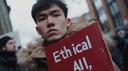 The image depicts a young activist holding a sign that reads "Ethical All," during a protest, conveying a message of inclusivity and ethical values.