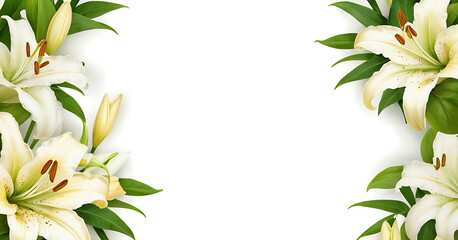 s a delicate frame of white lilies and lush green leaves, offering a touch of elegance and purity for your designs, invitations, or greetings.