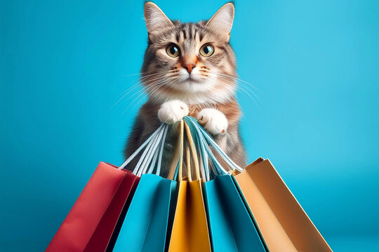 gato con bolsas kraft de compras regalos black friday, recursos editoriales para publicidad, promociones, ofertas y marketing ventas