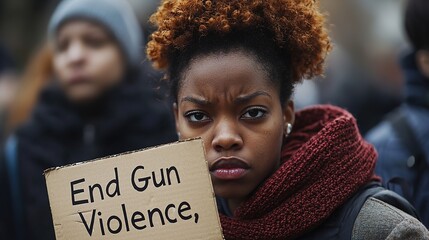 A young activist holds a sign advocating for an end to gun violence, expressing a strong emotional stance during a protest.